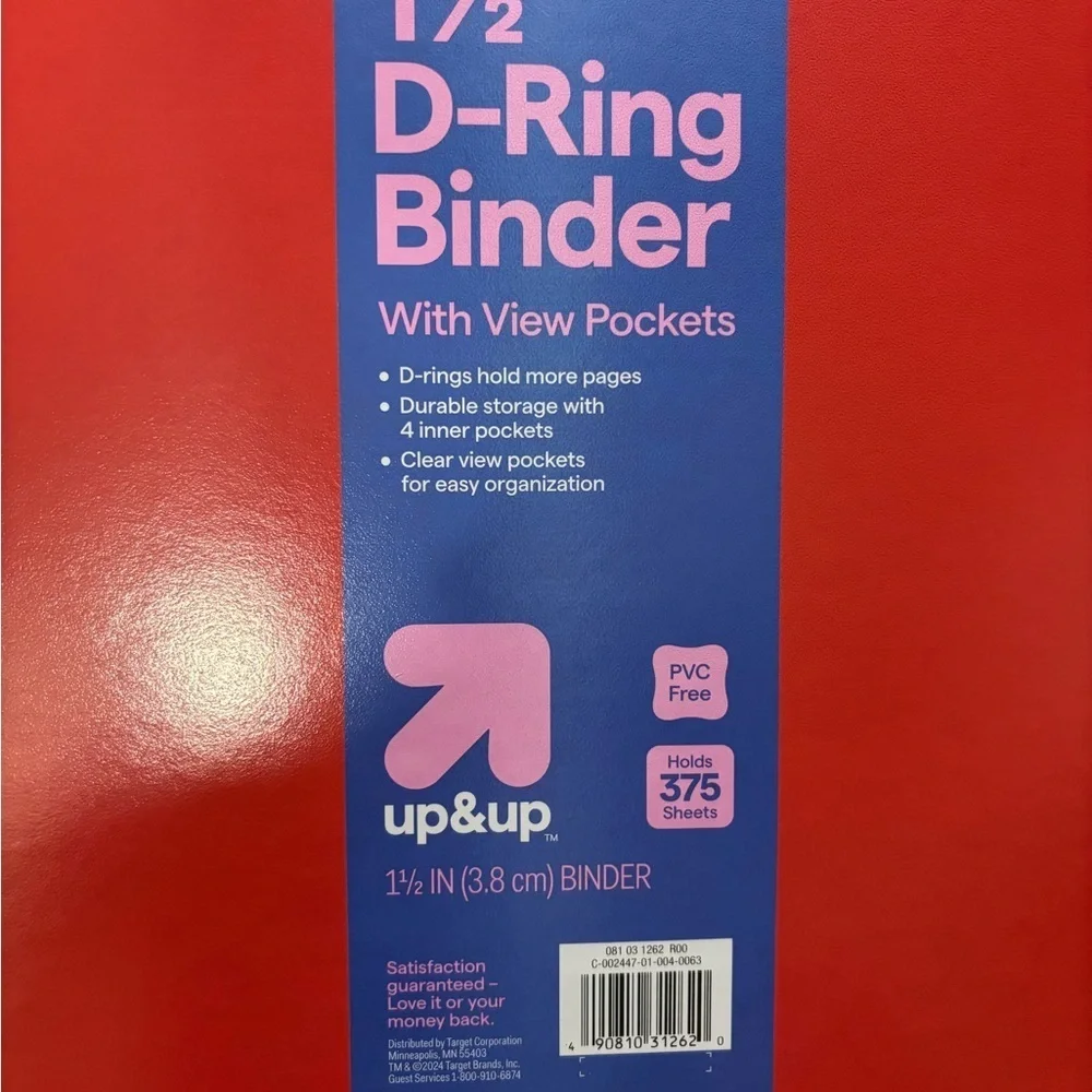 NWT set of two 1 1/2 inch Red D-Ring Binder with View Pockets- holds 375 sheets